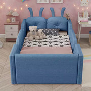 Cama plataforma doble Whisen, cama de suelo tapizada para niños con cojín de conejo, barandillas laterales extraíbles
