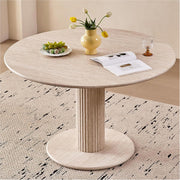 Mesa de comedor redonda de 115 cm con 4 sillas, mesa de cocina de MDF (textura de travertino) y 4 sillas para cocina, comedor, salón y oficina (beige)
