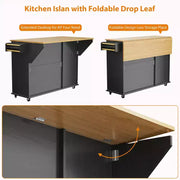 Isla móvil de 55 pulgadas con toma de corriente y mesa plegable, carrito de isla de cocina con ruedas y gabinete para almacenamiento de basura para cocina