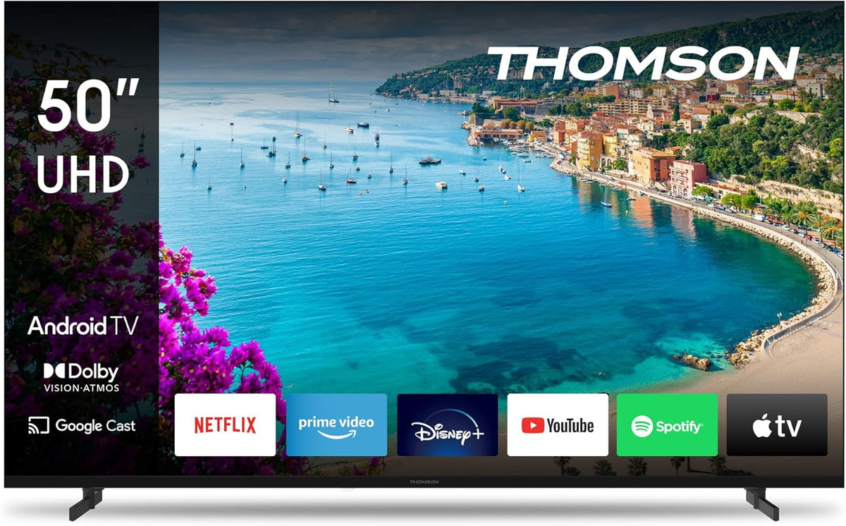 THOMSON Smart TV Android 4K Ultra HD de 50 pulgadas (126 cm), Asistente de Google, Wi-Fi, Dolby Digital, Bluetooth, Triple Sintonizador (Cable/Satélite/Antena), HDMI, CI+, Panel A+ – 50UA5S13