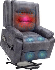 Sillón relax eléctrico con función de levantamiento, sillón de masaje con función de calor, función reclinable, control remoto ajustable, función de descanso y reposapiés, hasta 220 kg, cuero flocado gris oscuro