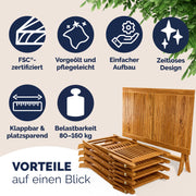Conjunto de mesa de jardín certificado FSC para 4 personas, 200 cm, 160 kg, resistente a la intemperie, plegable, 5 piezas, acacia con reposabrazos, marrón