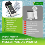 Poollab 2.0 Edición Especial, comprobador electrónico de piscinas (fotómetro), medidor de agua de piscina, 170 tabletas de prueba para cloro, valor de pH, rojo fenol, accesorios para piscinas (con DPD1, DPD3, pH, CYA, AlkalM)