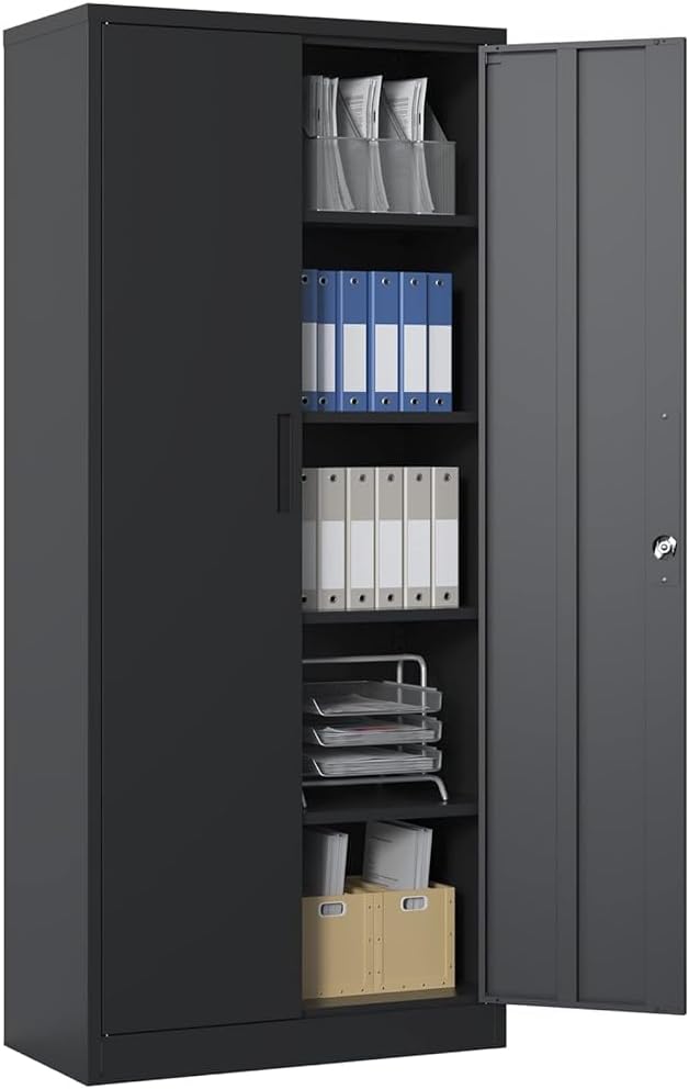 Armario metálico con cerradura, armario de acero de 180 x 80 x 40 cm con 4 estantes ajustables en altura, armario multiusos y de almacenamiento para garaje, taller, sótano y oficina (negro)