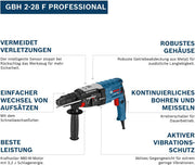Martillo perforador profesional Bosch GBH 2-28 F (potencia 880 vatios, diámetro de perforación en hormigón máx.: 28 mm, incluye set de 6 brocas y cinceles, SDS-plus) - Exclusivo de Amazon, funciona con batería