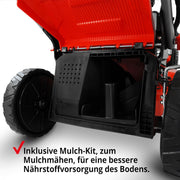 Cortacésped de gasolina 5 en 1 HECHT: potente motor Eco de 4 tiempos de 4,4 kW (6,0 CV), arranque por cuerda, 53 cm de ancho de corte, recogedor de 75 l, tracción a las ruedas, ruedas patentadas, EasyClean, función de mulching
