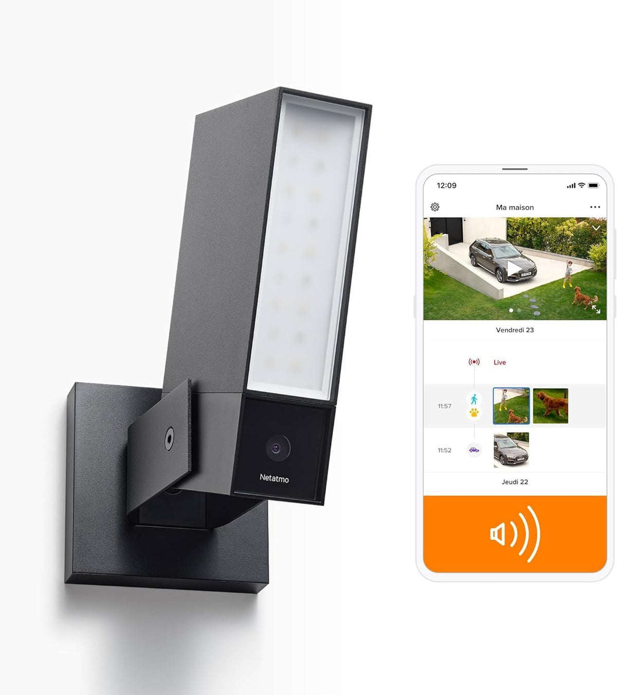 Cámara de vigilancia exterior inteligente Netatmo con sirena de 105 dB, WiFi, iluminación integrada de 12 W, detección de movimiento, visión nocturna, vídeo HD, almacenamiento local, sin suscripción, NOC-S-AMZ