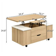 Mesa de centro elevable moderna multifuncional Zeus & Ruta con almacenamiento oculto, 4 taburetes y ruedas, perfecta para espacios modernos