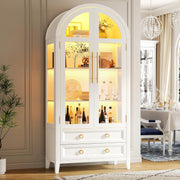 Vitrina de cristal arqueada LVSOMT con iluminación LED, mueble vitrina de 180 cm con puertas de cristal, vitrina curva con 4 estantes de exposición y 2 cajones, luz de 3 colores, vitrina de cristal y madera para salón y pasillo, blanco