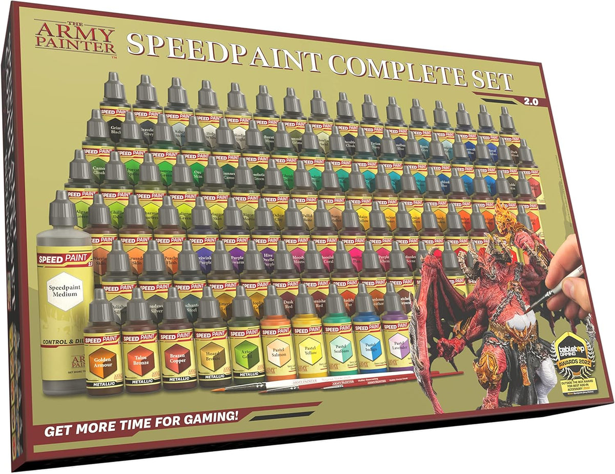 The Army Painter Speedpaint Complete 2.0, Set completo de 90 frascos de pintura acrílica de 18 ml, incluyendo los 3 pinceles esenciales para Warhammer 40k y Dungeons & Dragons