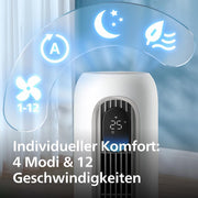 Philips Smarter Turmventilator 7000 Series – 8,4 m/s stark, ultraleise 22 dB, energieeffizient, App & Fernbedienung, Wlan, 12 Stufen, Schlafmodus, Temp‑Anzeige, 12‑h Timer, 80° Oszillation (CX7550/00)