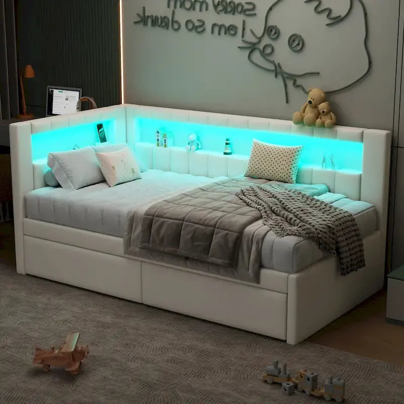 Cama con plataforma tapizada con puertos USB e iluminación LED - Base de cama matrimonial/individual con 2 cajones de almacenamiento - Dormitorio moderno