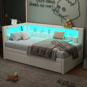 Cama con plataforma tapizada con puertos USB e iluminación LED - Base de cama matrimonial/individual con 2 cajones de almacenamiento - Dormitorio moderno