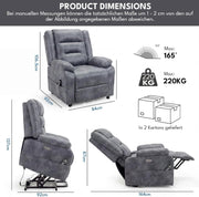Sillón relax eléctrico con función de levantamiento, sillón de masaje con función de calor, función reclinable, control remoto ajustable, función de descanso y reposapiés, hasta 220 kg, cuero flocado gris oscuro
