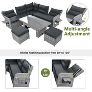 Juego de muebles de ratán para exteriores con mesa ajustable, sillones reclinables y 2 otomanas