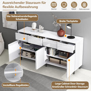 Aparador de alto brillo para salón con 4 cajones y 4 puertas, armario buffet con estantes de altura regulable, 160 x 40 x 68 cm, armario moderno para dormitorio, oficina, pasillo, blanco
