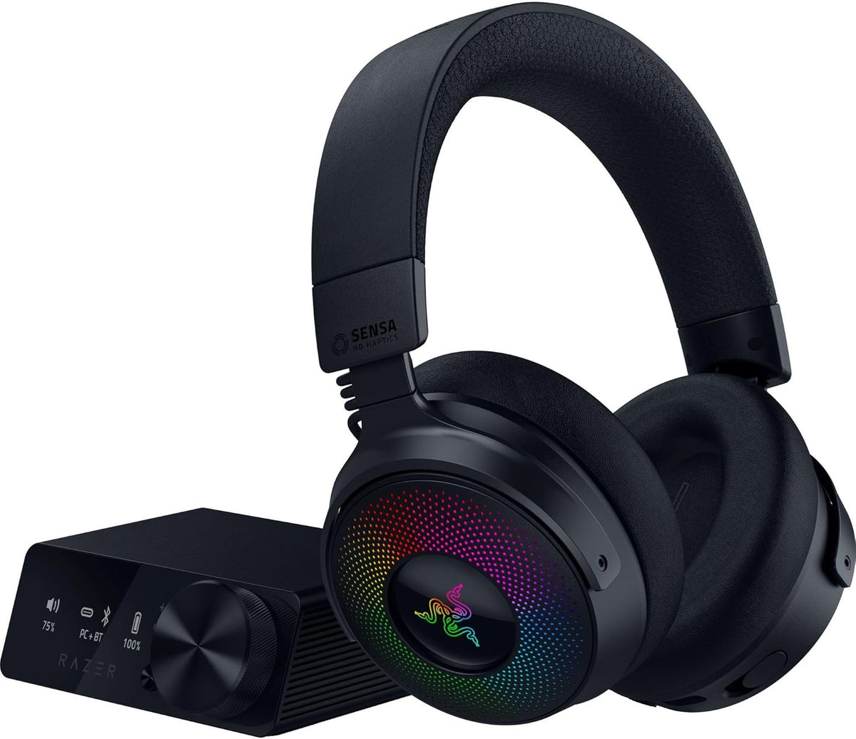 Razer Kraken V4 Pro - Auriculares inalámbricos para juegos con centro de control - Tecnología háptica Sensa HD (centro de control OLED, transductores Triforce de 40 mm, HyperSpeed y Bluetooth, audio espacial THX, RGB) Negro