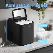 Máquina de hielo Comfee' RCI12BL1EU(E), 8 cubitos en 6 min, 12 kg/24 h, depósito de agua de 1,3 l, función de autolimpieza, máquina de hielo compacta en forma de bala, incluye pala y cesta para el hogar – Negro
