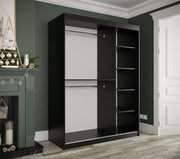 Armario de puertas correderas KRYSPOL Marmur T de 150 cm con barra para ropa y estante, armario para dormitorio o salón, diseño moderno (negro mate + mármol negro, cajones: 0)