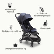 Cochecito de viaje ultracompacto Bugaboo Butterfly, pequeño y ligero, plegable con una sola mano y fácil de maniobrar, cochecito urbano ergonómico para bebés a partir de 6 meses, con mucho espacio de almacenamiento, Stormy Blue