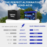 Batería LiFePO4 de 12V 100Ah, batería de litio con BMS de 100A y 15000 ciclos profundos, potencia máxima de 1280W, para autocaravanas, sistemas solares, embarcaciones, hogar y camping (2 unidades de 12.8V 100Ah)