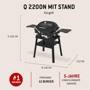 Barbacoa de gas Weber Q 2200N con mesas laterales y soporte compacto/parrilla para terrazas y balcones con quemadores de alto rendimiento, rejillas de hierro fundido vitrificado y encendido electrónico, negro medianoche
