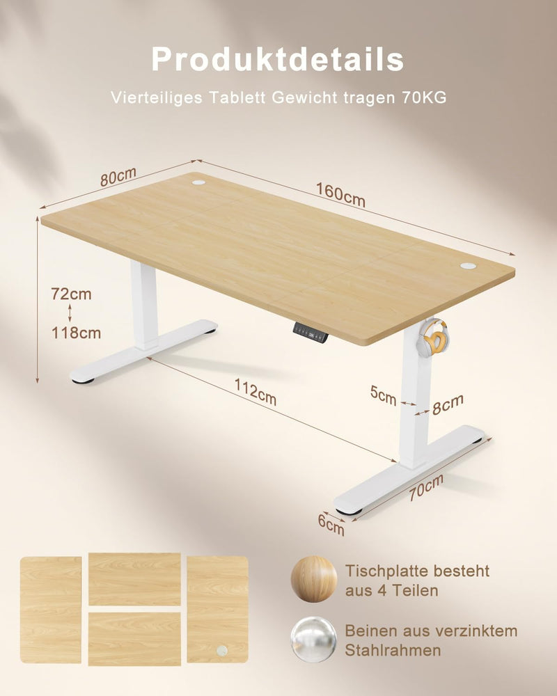 TRIUMPHKEY Escritorio regulable en altura 160x80 con puerto de carga USB, escritorio regulable en altura con 3 botones de memoria y bandeja para cables, mesa de ordenador, escritorio de pie, beige