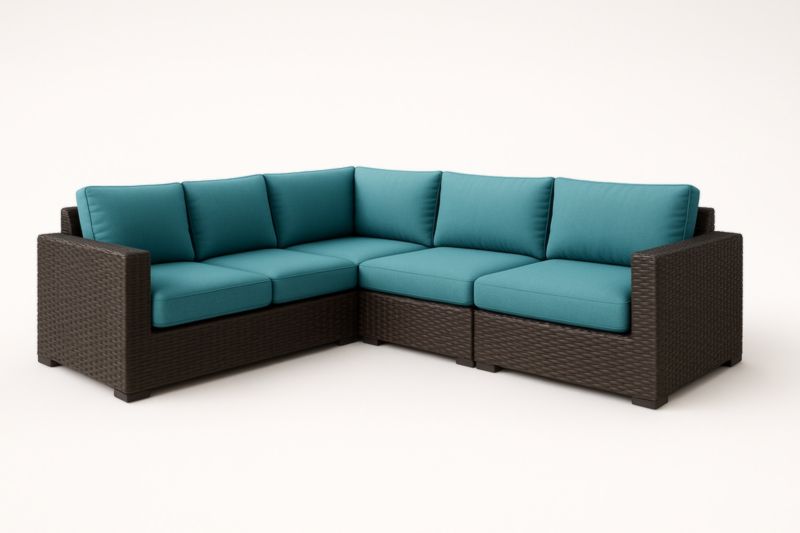 Sofá rinconero modular de exterior de resina trenzada marrón con cojines de poliéster azul