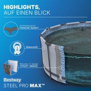 Piscina desmontable redonda Bestway 366x100 cm, set con bomba de filtrado, aspecto madera | 9.150 L, material TriTech de 3 capas, fondo con aspecto de mosaico de guijarros, incluye bomba de filtrado y escalera