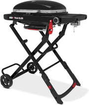 Barbacoa de gas Weber Traveler Compact con carro plegable y ruedas | Barbacoa portátil, parrillas de hierro fundido vitrificado, termómetro integrado en la tapa, quemador de 3,81 kW, 2065 cm² de superficie de cocción, negra