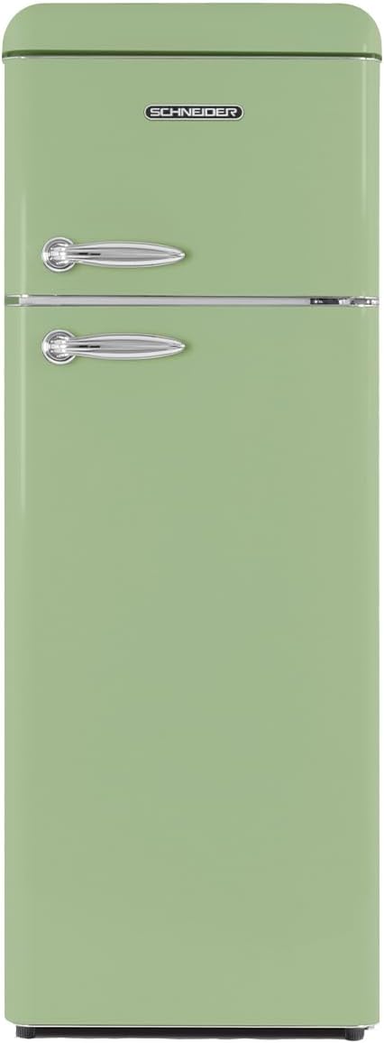 SCHNEIDER SCDD208VVA, Frigorífico de 2 puertas, 211L (172+39), Frío estático, Descongelación automática, 3 estantes de cristal, Termostato regulable, Patas ajustables, Verde almendra