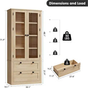 Alacena de cocina estilo granja con puertas de vidrio, armario de almacenamiento de 72 pulgadas con cajones y estantes ajustables para comedor, baño y sala de estar