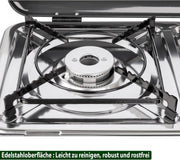 BRUNNER: Hornillo de camping de mesa 2 en 1 de 2 fuegos de acero inoxidable, barbacoa de gas y cocina de gas - POWERKOOK 50mbar con 1 cacerola + 1 plancha - con regulador de gas y manguera de gas