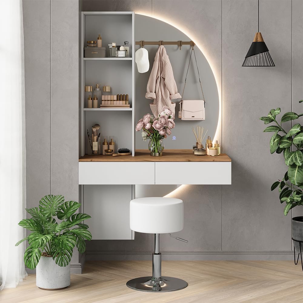 Tocador Vicco Melora, blanco/roble, 100 cm con espejo LED y taburete