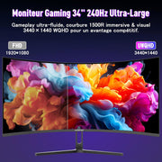 Monitor Gaming Curvo Amzfast de 34 pulgadas, 240Hz, UWQHD 3440x1440 (21:9), 1 ms MPRT, Eyes Care, sRGB 130%, Adaptive Sync, HDR, HDMI 2.1 * 2, DP 1.4 * 2, VESA 75x75, PIP/PBP, AMZG34C5QPro