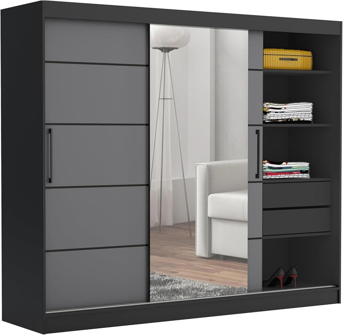 Brent - Armario con espejo y cajones de 235 cm de ancho Chelsea Tomy, armario de puertas correderas con espejo, armario de dormitorio, armario ropero negro/gris