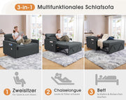 Sofá cama LUXOAK 186 x 122 cm con respaldo ajustable en 5 niveles, sofá cama 3 en 1 con cojines y bolsillo lateral, sofá de lino gris para habitación de invitados y espacios pequeños