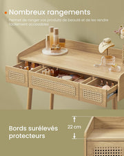SONGMICS HOME Tocador con espejo y luz, mesa de maquillaje, 3 cajones imitación ratán, luz ajustable con 3 colores, estilo bohemio, dormitorio, beige roble RVT007Y01