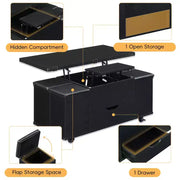Mesa de centro elevable moderna multifuncional Zeus & Ruta con almacenamiento oculto, 4 taburetes y ruedas, perfecta para espacios modernos