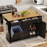 Isla móvil de 55 pulgadas con toma de corriente y mesa plegable, carrito de isla de cocina con ruedas y gabinete para almacenamiento de basura para cocina