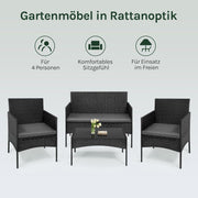 WOLTU Gartenmöbel 4-teilig Set mit 1 Sofa, 2 Sessel, 1 Couchtisch und Kissen Lounge-Möbel Outdoor 2-Sitzer-Bank mit Glas Gartentisch Terrassenmöbel Wetterfest für Garten, Terrassen, Balkon, Schwarz