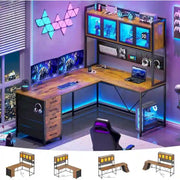 Escritorio gaming en forma de L, escritorio para computadora, panel perforado, 5 cajones y estante de almacenamiento