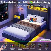 Cama tapizada Brinlawb 90x200 cm, cama flotante con iluminación LED y estación de carga (2 tomas de CA, 1 puerto USB-A, 1 puerto USB-C), cama juvenil 90x200 con cabecero acolchado, cama 90x200 con espacio de almacenamiento, gris