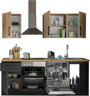 Stella Trading Turin Z Cocina compacta 220 x 211 x 60 cm, negro - Sin electrodomésticos - Cocina moderna y espaciosa en aspecto de roble Artisan con mucho espacio de almacenamiento