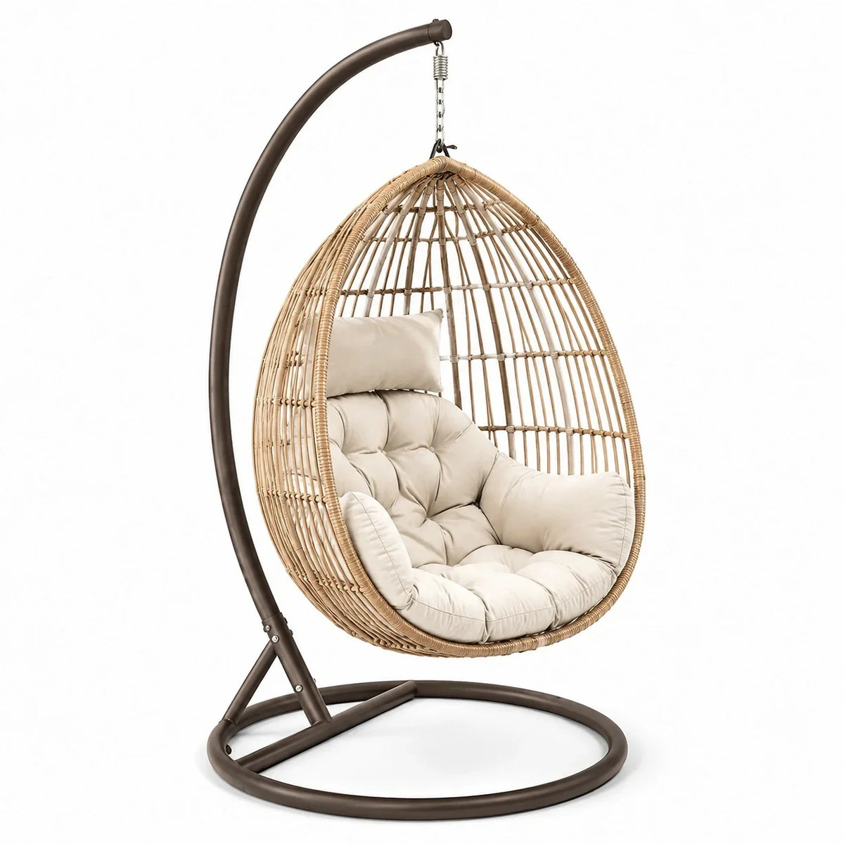 Sillón colgante de ratán con estructura de acero y cojín de poliéster beige