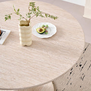 Mesa de comedor redonda de 115 cm con 4 sillas, mesa de cocina de MDF (textura de travertino) y 4 sillas para cocina, comedor, salón y oficina (beige)