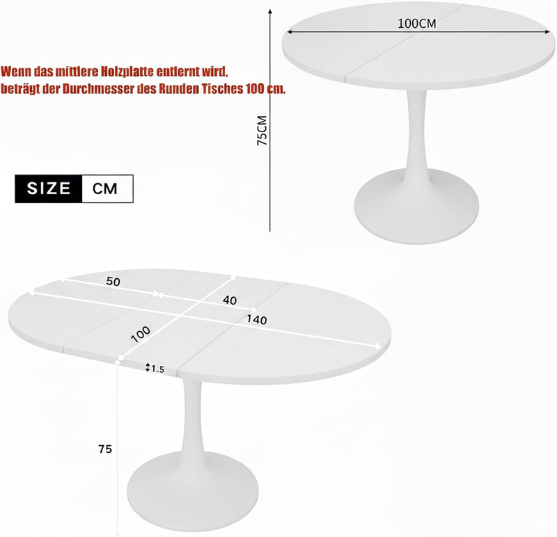 Mesa de comedor redonda extensible, 100/140x100x75 cm, mesa de comedor elíptica de madera para 2-8 personas, mesa de centro para cena, sala de estar y comedor (completamente blanca)