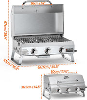 Onlyfire Parrilla de gas portátil de 3 quemadores | Parrilla de mesa con rejilla | 7 kW | Superficie de cocción 56,5 × 34 cm | con termómetro, tapa | Patas plegables | Parrilla de camping para terraza, balcón y jardín