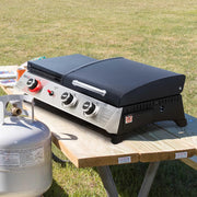 Barbacoa de gas de 3 quemadores Royal Gourmet, parrilla de mesa 3 en 1 para asar, freír y cocinar, barbacoa de camping con mesa auxiliar plegable, parrilla portátil para picnic de 8,5 kW, negra