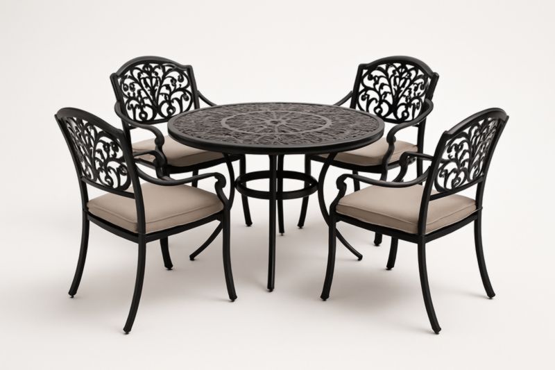 Mesa redonda de aluminio negro con 4 sillas